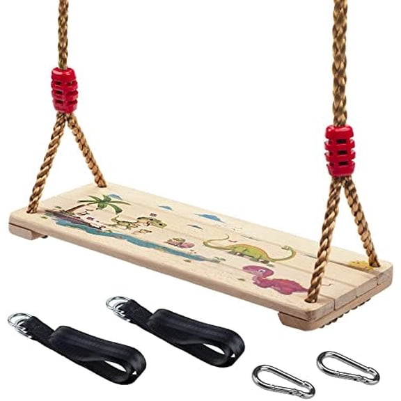 Wooden Swing Seat, Nostalgic Outdoor Wood Swing for Kids Adults, Tree Straps Set Accessories for Backyard Patio Garden Playground, Height Adjustable (Beige)
