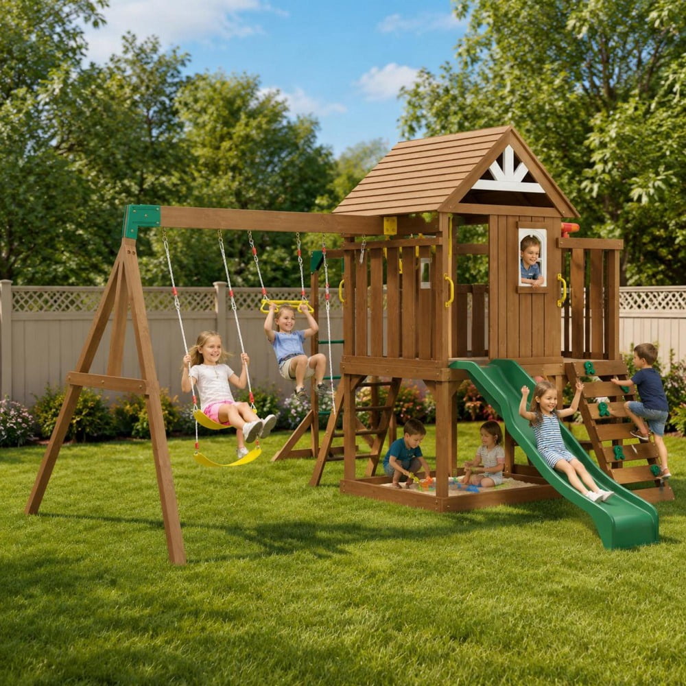 Wooden Swing Set, 10-In-1 Backyard Playset with 6Ft Slide, 2 Swings ...