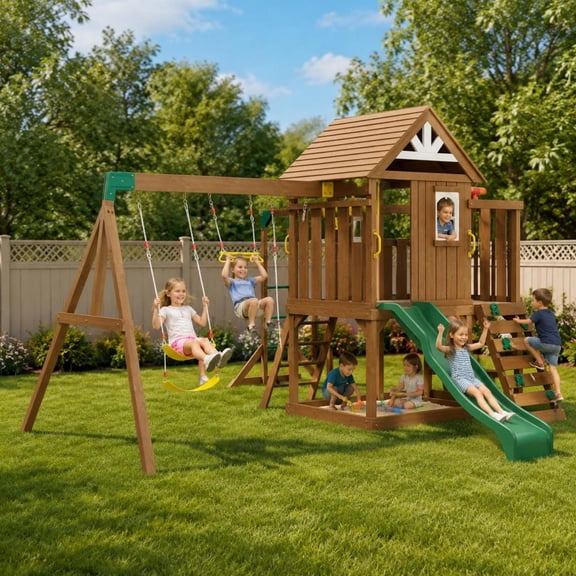 Wooden Swing Set, 10-In-1 Backyard Playset with 6Ft Slide, 2 Swings, Trapeze Bar, Rock Wall, Fort and Kitchen Toys