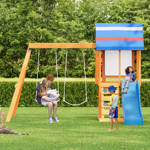 Wooden Swing Set with Slide and Adjustable Swings,Outdoor Playset for ...