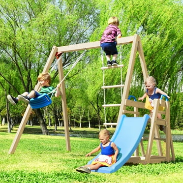 KidKraft Raptor Trail Wooden Outdoor Swing Set with Wavy Slide and Rock ...