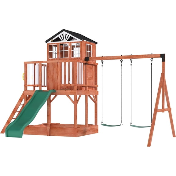 Wooden Swing Set for Kids,8 in 1 Outdoor Playset with Sandbox & Play Kitchen – 2-Seat Swing, Wave Slide, Corner Seats, Backyard