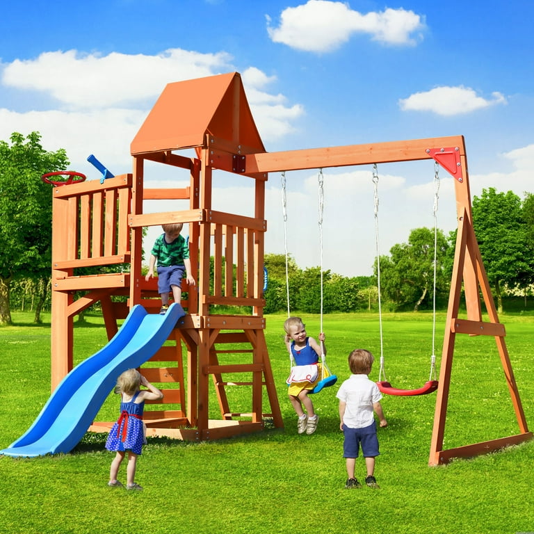 Steelway Wooden Swing Set Stand Up Outdoor Playhouse Playset for Backyard Activity 2 Count