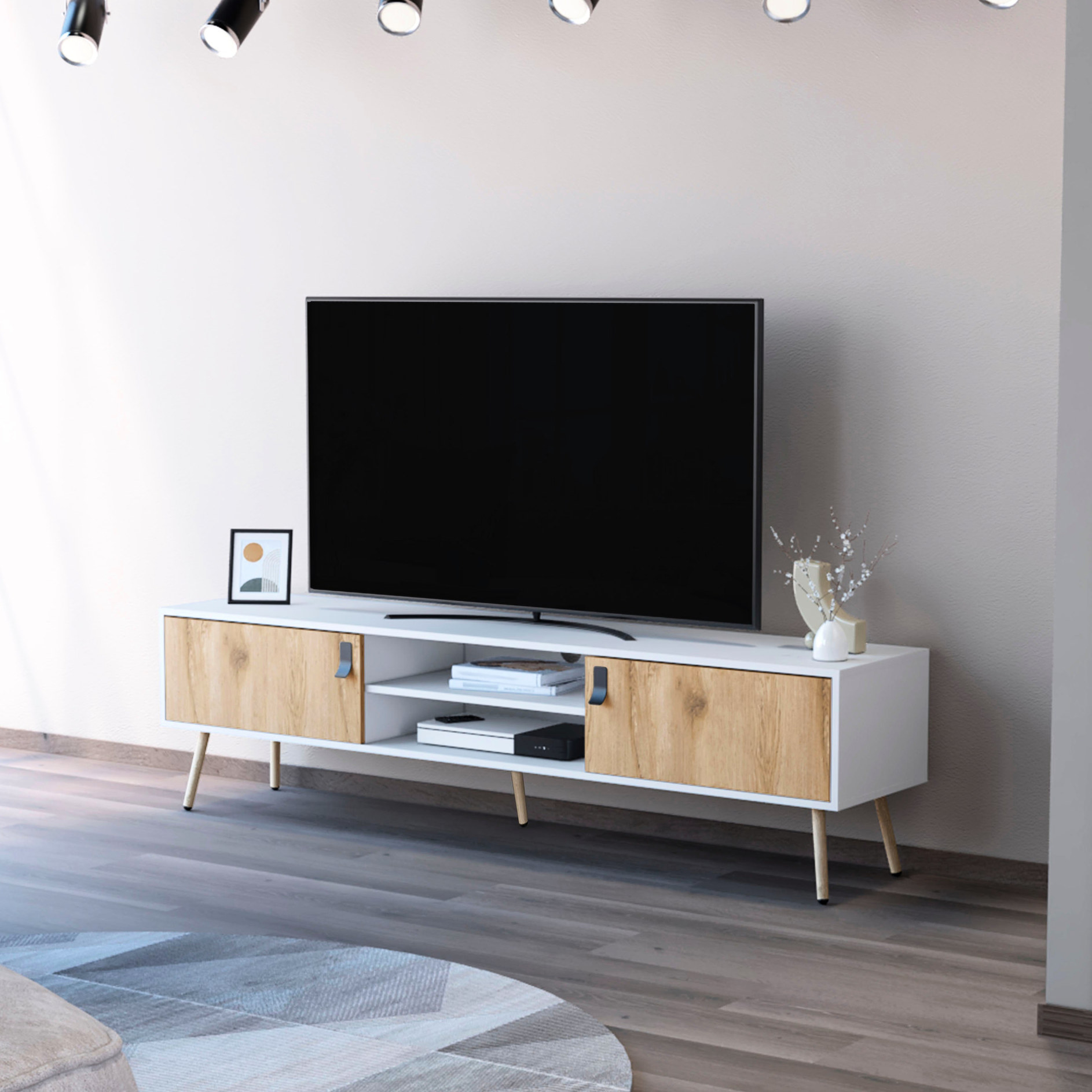 Tv Railing Wooden TV Rack with Cable Management+Four Shelves”-“Daily TV Viewing ...