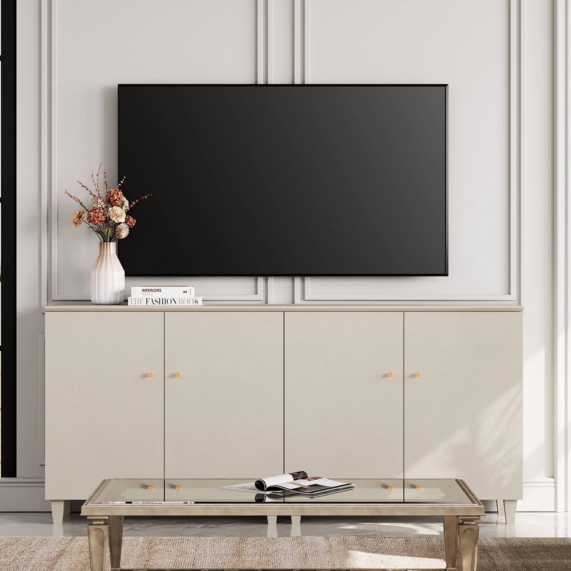 Wooden TV Stand Cabinets for 75 Inch TVs, Set of 2 Beige Entertainment Center with 6 Storage Compartments, 2 Cabinets in 1 Pack