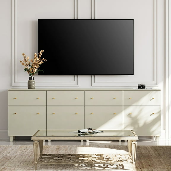 Wooden TV Stand for Flat Screens up to 100 Inches, 4-in-1 Media Console Table with Drawers and Doors, Wide Entertainment Center with Adjustable Shelves for Living Room, Beige, 94.4x15.3x32.4