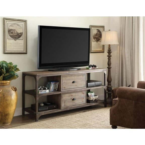 Wooden TV Stand Weathered Oak Brown - Saltoro Sherpi