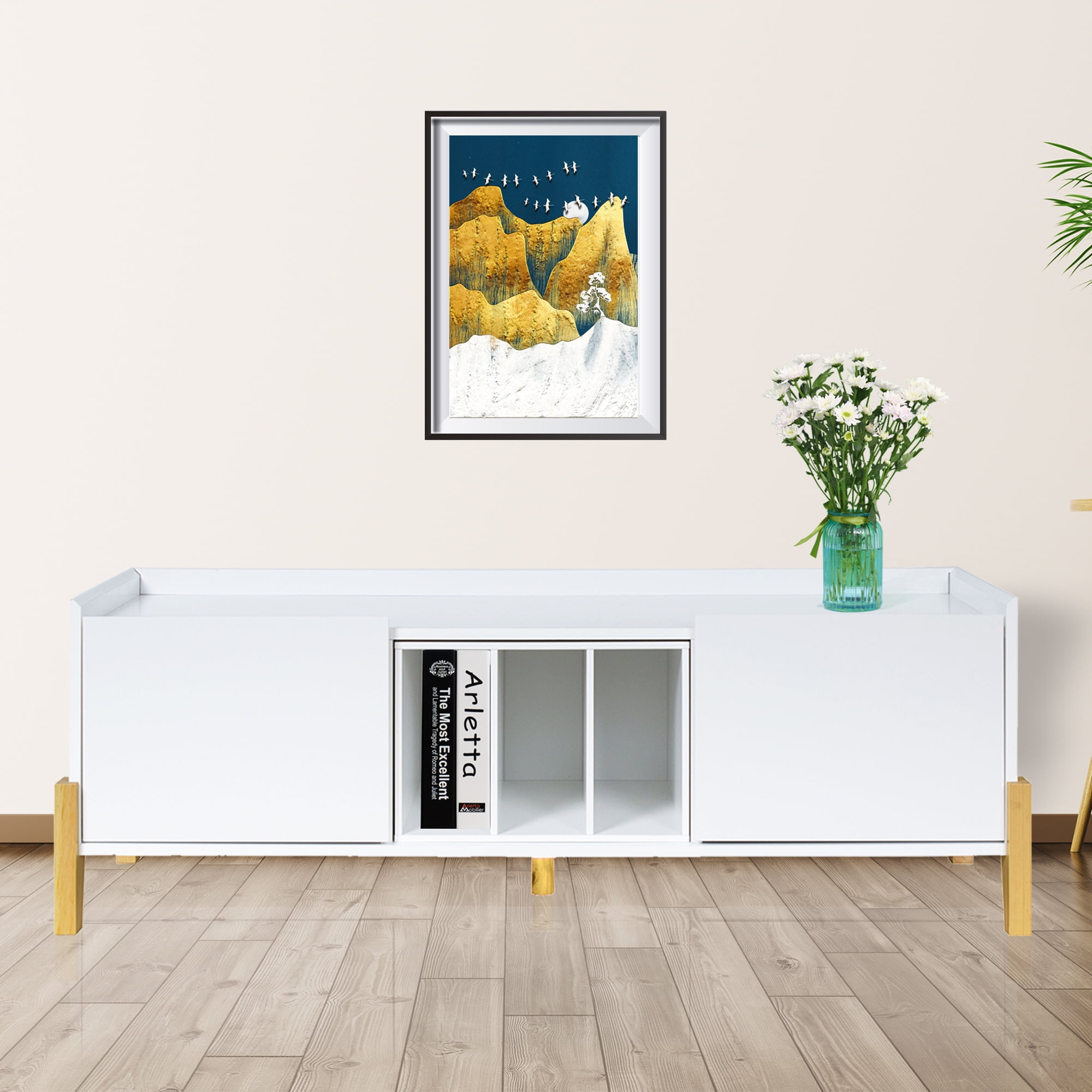 Wooden TV Stand for TVs up to 55 Inch, Media Console with 2 Cabinets and Shelves, TV Console for Living Room (White)