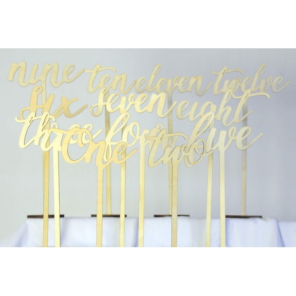 Wooden Table Numbers 1-12 Pack Calligraphy Design with Thick Base Natural or Paintable