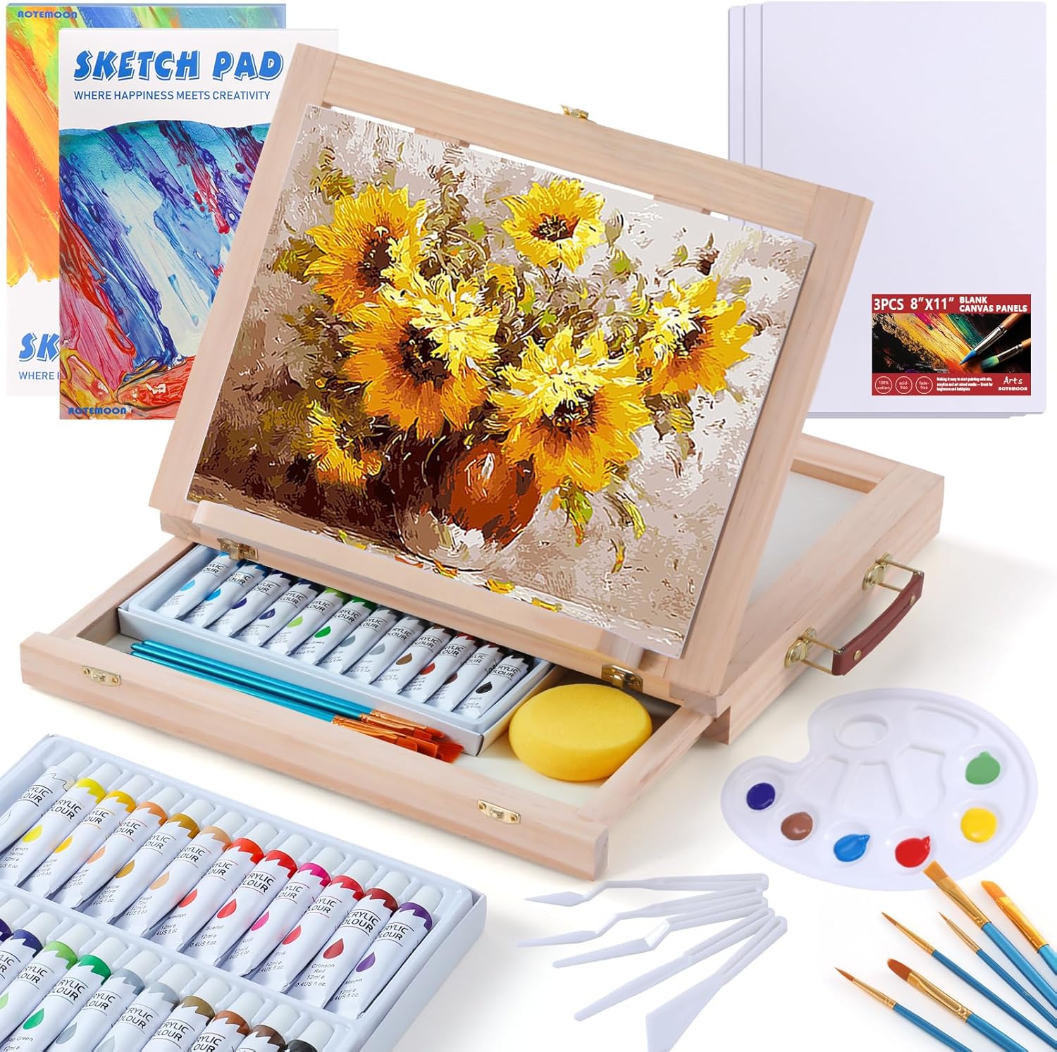 Wooden Tabletop Art Easel Set for Painting, 54 Pieces Starter Acrylic Paint with 24 Colors Paints, Canvases, Sketch Pads, Brushes and Palette Beginners Young Artists Adults