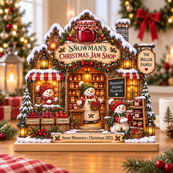 Wooden Tabletop Display Snowman Christmas Jam Shop