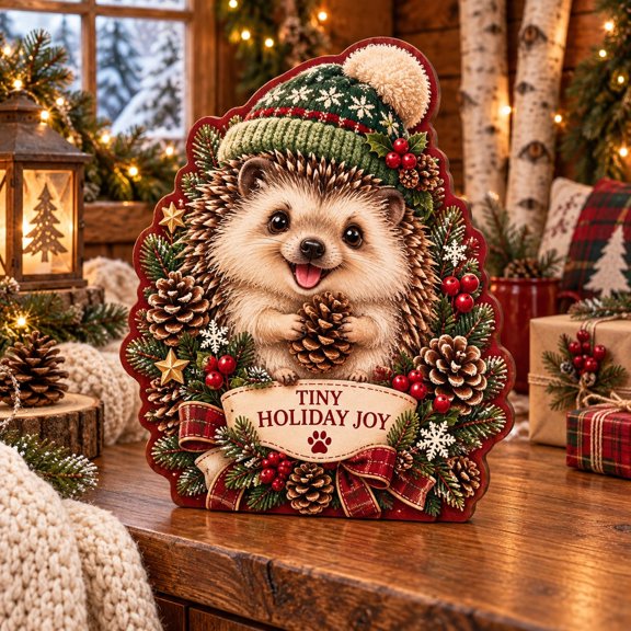 Wooden Tabletop Display With Christmas Hedgehog Pinecones