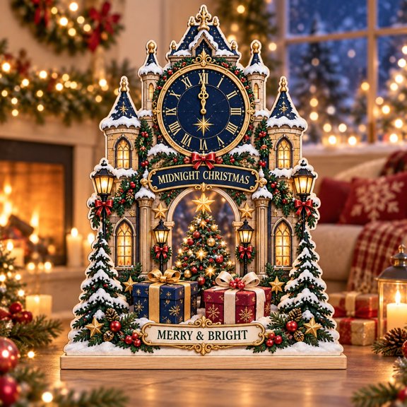 Wooden Tabletop Plaque Midnight Christmas Clock Tower Holiday Display Gift