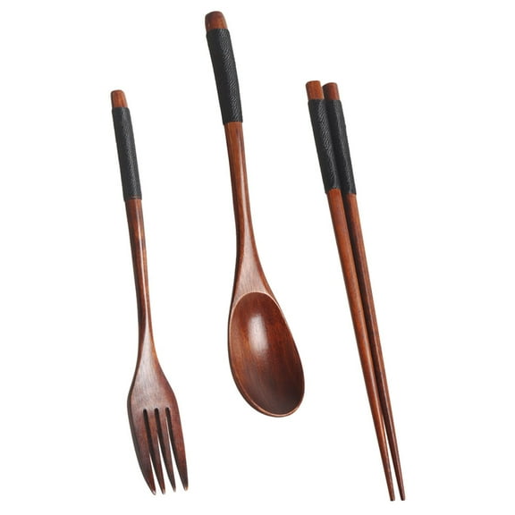 NIAIZEK Wooden Utensil Set with Black Handles - Fork, Spoon & Chopsticks for Couples, Ideal for Camping, Picnic, Outdoor Dining