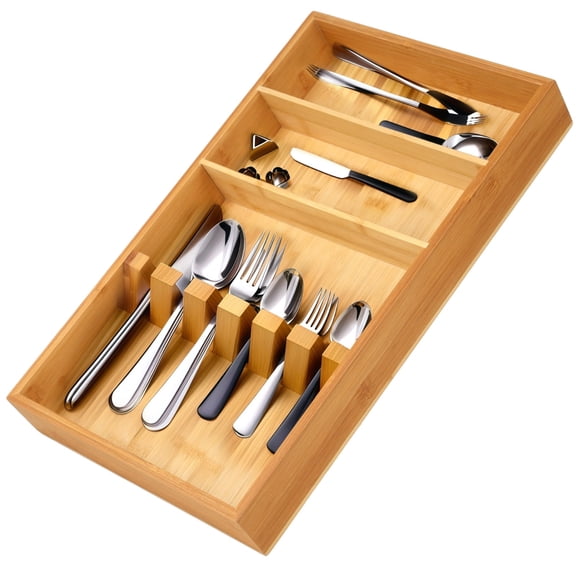 Bamboo Kitchen Drawer Organizer, Multi-Compartment Silverware Organizer Utensil and Cutlery Tray 16.5 inch Flatware Drawer Divider
