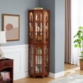 thumbnail image 1 of Wooden Tall Display Cabinet, Modern Corner Curio Cabinet with 4 Adjustable Tempered Glass Shelves and Lighting System, Curiocabinets with Acrylic Mirrored Back Panel, Walnut, 1 of 7