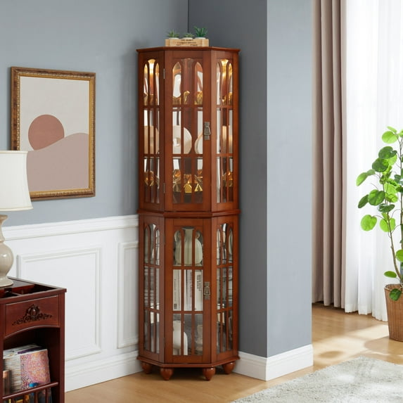 Wooden Tall Display Cabinet, Modern Corner Curio Cabinet with 4 Adjustable Tempered Glass Shelves and Lighting System, Curiocabinets with Acrylic Mirrored Back Panel, Walnut