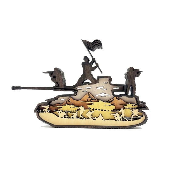 Wooden Tank Patriotic Decor, Memorial Day Table Centerpiece, 7 Inch Military Shadow Box Sign for 4th of July Independence Day Veterans Day Home Office Decoration