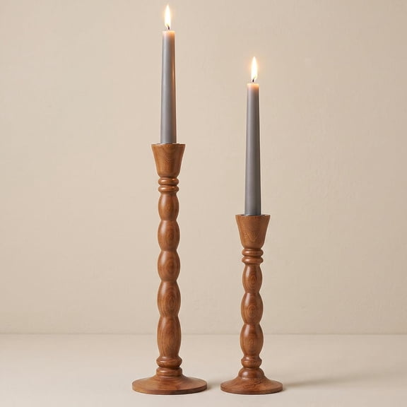 Wooden Taper Candle Holders Set of 2, Tall Rustic Brown Candlesticks