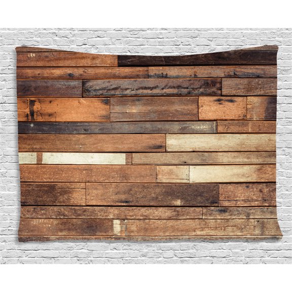 Wooden Tapestry, Rustic Floor Planks Print Grungy Look Farm House Country Style Walnut Oak Grain Image, Wall Hanging for Bedroom Living Room Dorm Decor, 80W X 60L Inches, Brown, by Ambesonne