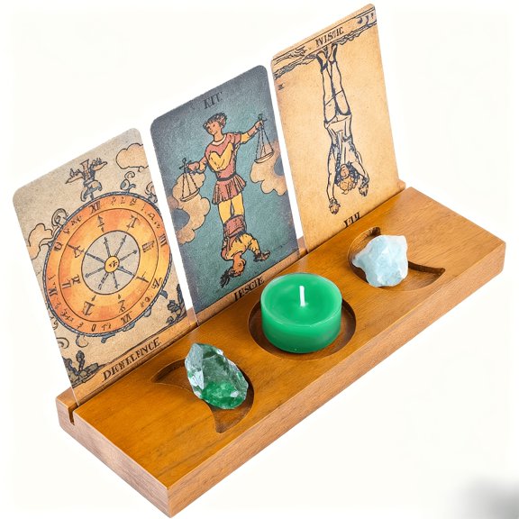 Wooden Tarot Card Stand with Crystal & Candle Slots, Moon Phase Design Display Rack, Multi-Function Divination Altar Accessory for Tarot Reading, Meditation, Witchcraft Supplies & Home Decor