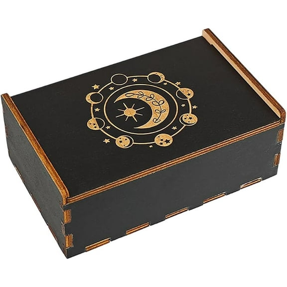 Wooden Tarot Storage Boxes Tarot Card Case Box Black Phase of The Moon Card Holder Box with Sliding Lid Trinket Box Decorative Storage Bin for Divination Jewelry 3.5x5.4x2Inch
