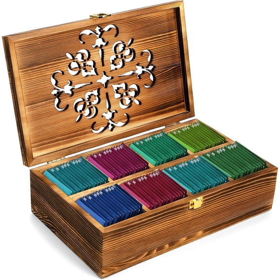 Wooden Tea Bag Storage Box with Carved Lid, 8-Compartment Tea Chest Organizer Spice Packets Container for Living Room, Kitchen, Office, Home Decor