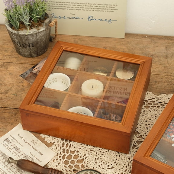 Wooden Tea Box Organizer - 9 Compartment Tea Bag Storage with Clear Lid, Modern Tea Caddy Chest for Coffee Pods, Sugar Packets & Spices, Eco-Friendly Bamboo Design