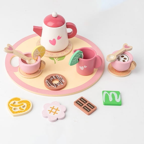 Wooden Tea Party Pretend Play Set for Girls, Afternoon Tea & Dessert Role Play Toy, Christmas Birthday Holiday Gift, Educational Fine Motor Imagination Toy for Toddler Kids Ages 3 and Up