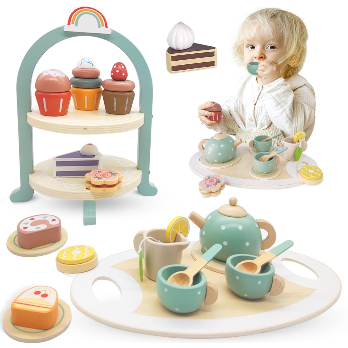 Wooden Tea Party Set for Little Girls Wooden Cake Stand Play Food Toys