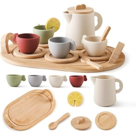 Wooden Tea Set for Little Girls, Enchanting Tea Party Set Silicone Tea Set Teapot Cups Carrying Scoop Kids Kitchen Accessories Toys Toddler Tea Set Girls Gift(14pcs)