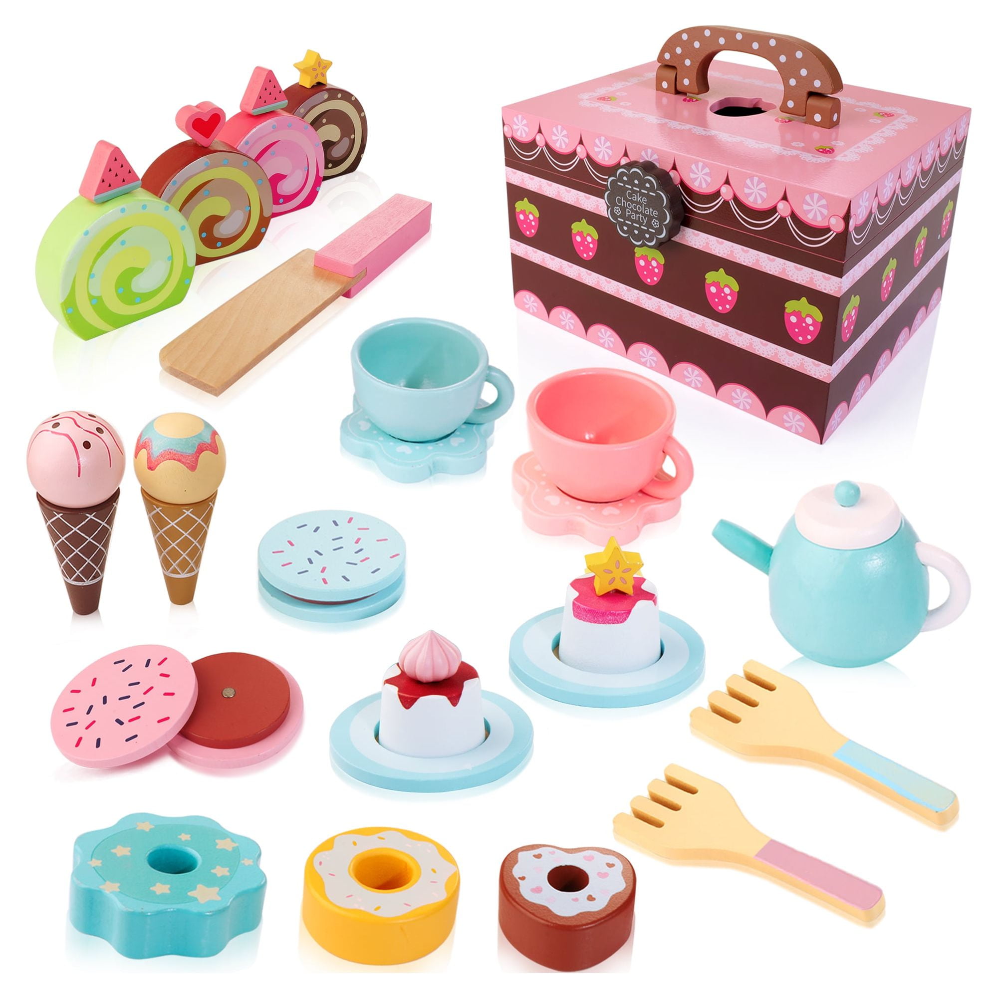 Wooden Tea Set for Little Girl, 30pcs Princess Tea Party Sets Toy with