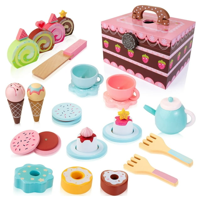 Wooden Tea Set for Little Girl, 30pcs Princess Tea Party Sets Toy with