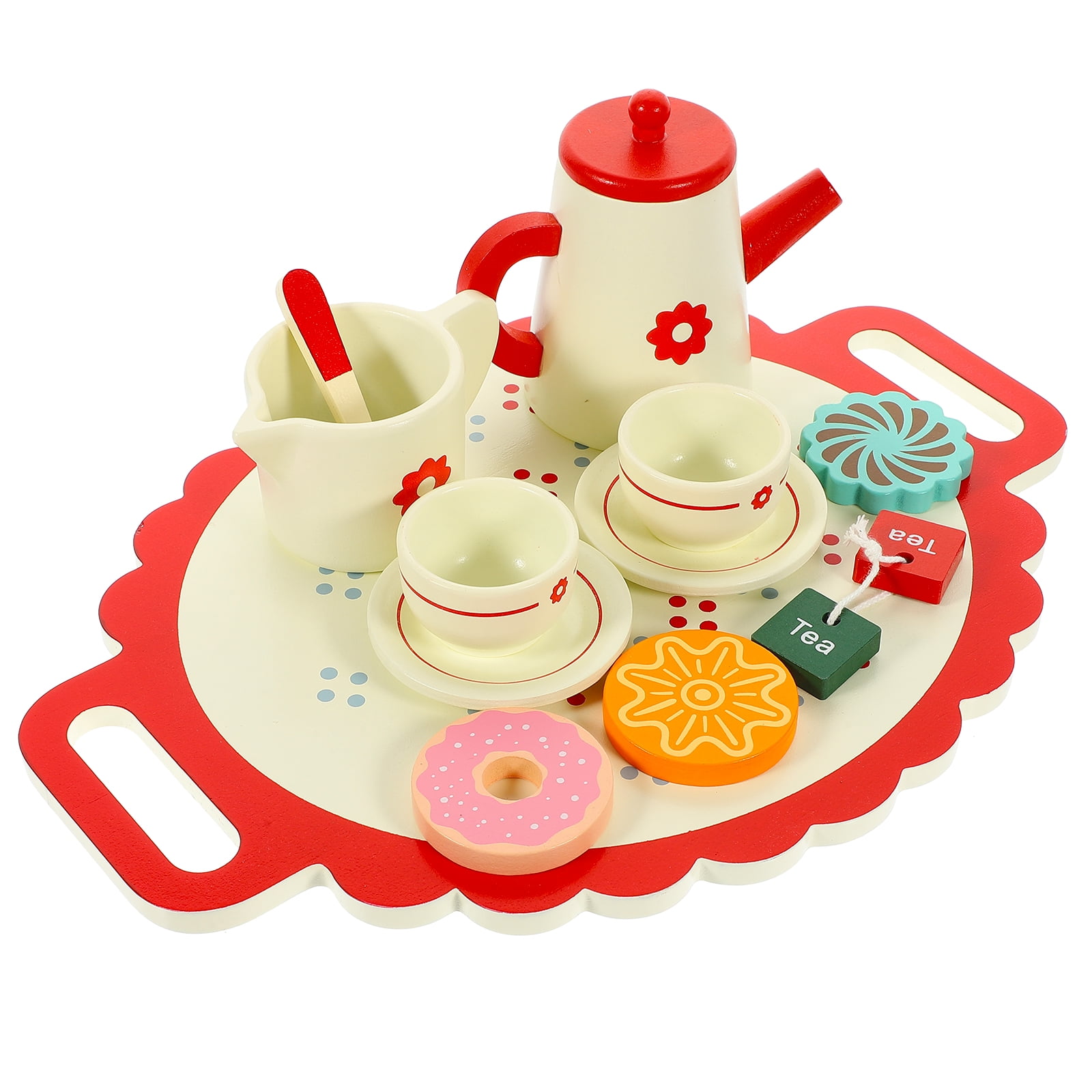 Wooden Tea Set with Tray & Accessories for Kids Pretend Play