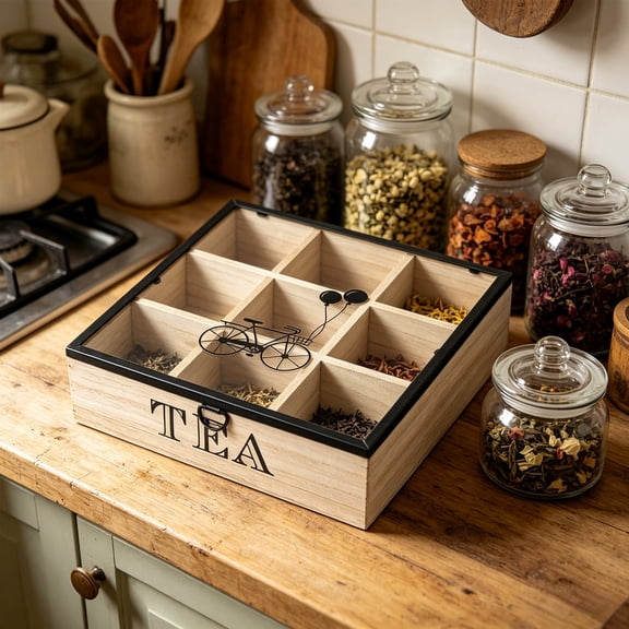 Wooden Tea Storage Box Divided Organizer With Lid 6 Compartments Bamboo Tea Bag Desktop Kitchen Countertop Pantry Organization Rustic Farmhouse Decor