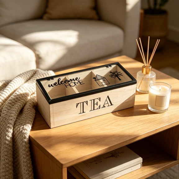 Wooden Tea Storage Box Divided Organizer With Lid 6 Compartments Bamboo Tea Bag Desktop Kitchen Countertop Pantry Organization Rustic Farmhouse Decor