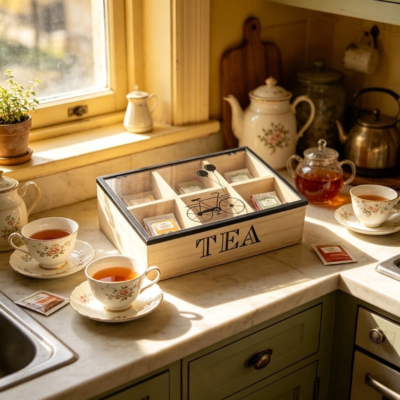 Wooden Tea Storage Box Divided Organizer With Lid 6 Compartments Bamboo Tea Bag Desktop Kitchen Countertop Pantry Organization Rustic Farmhouse Decor