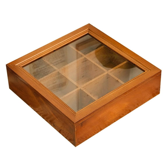 Wooden Tea Storage Organizer 9 Compartments Square Acrylic Display for Coffee and Kitchen Countertop Organizer 95 x 95 x 28 Inch