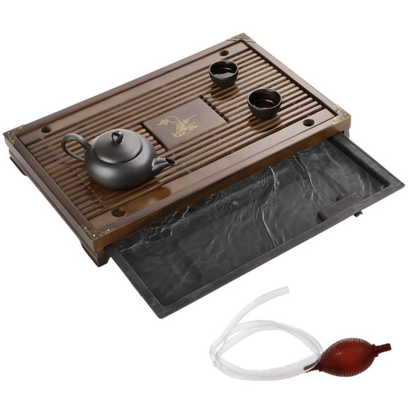 Wooden Tea Tray with Drawer, Reservoir Type Tea Tray Set, Chinese Style Table Tea Serving Tray, Water Storage Kungfu Tea Tray with Pipe, Exquisite Tea Tray with Drain Grid Design