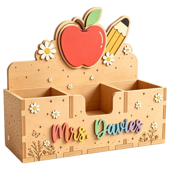 Wooden Teacher Desk Pen Holder, Apple Rainbow Design Multi Slot Memo Stationery Storage Box, Rustic Desktop Stationery Organizer Caddy, Teacher Appreciation Present for Office Workspace