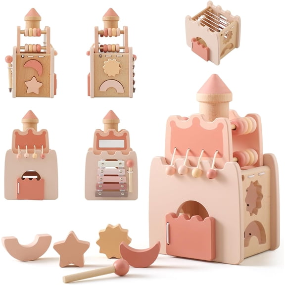 Wooden Teether 5-in-1 Wooden Activity Cube with Shape Sorter, Abacus and Bead Maze