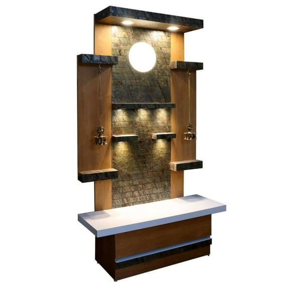 Wooden Temple For Home And Office / Brown Stone Textured Mandir | Temple With LED Lights / Wall Hanging Mandir / Customized Designer Mandir