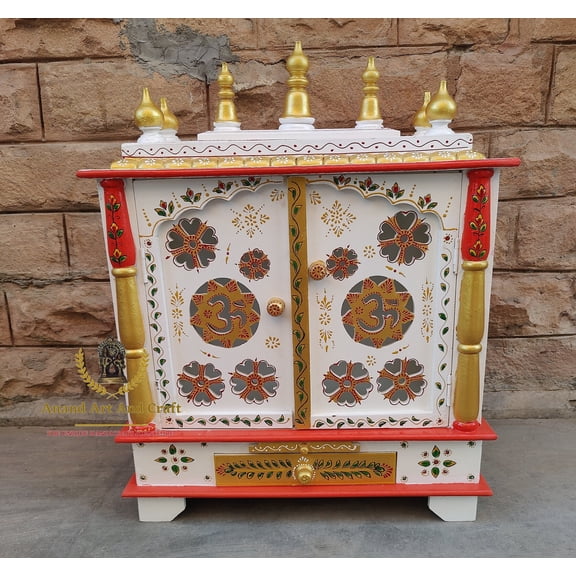 Wooden Temple Mandir with Om Design | Indian Handicraft Pooja Ghar for Worship & Wall Decor Handicraft Indian Art