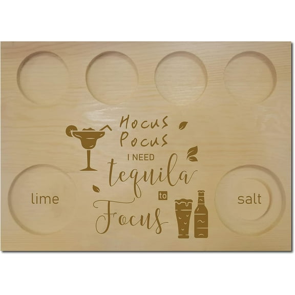 Wooden Tequila Board with Salt Rim Shot Glass Set Serving Tray Holder Tray Wine Holder for Bar Restaurant Party Family Dinner Gathering Men Women Friends Gifts-I Need Tequila to Focus DIY
