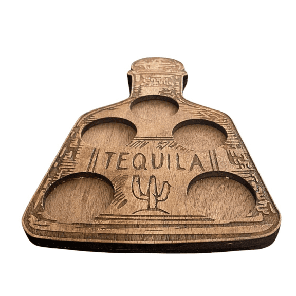 Wooden Tequila Shot Glass Flight Board, 10 x 6 inches, 5-Shot Holder, Tequilla Bottle Design