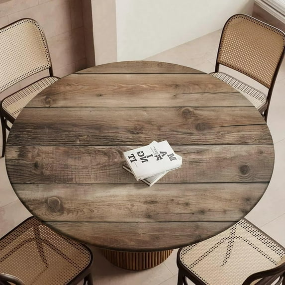 Wooden Texture Round Fitted Tablecloth with Elastic Round Elastic Tablecloth 45"-50" Fitted Table Cover Waterproof Wipeable Circle Table Cloth for Outdoor Picnic