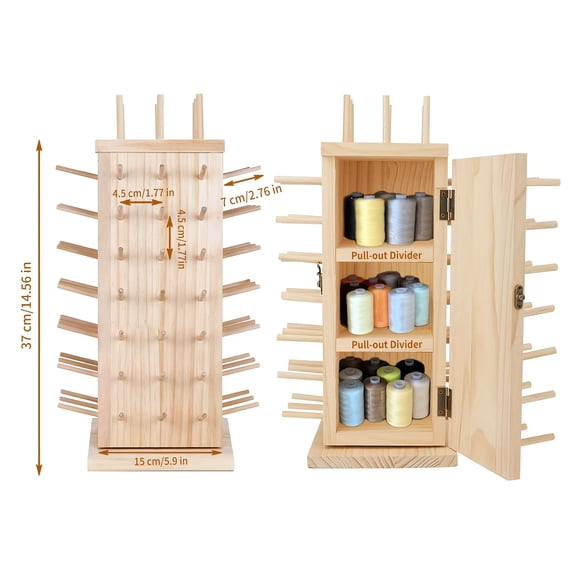 A Wooden Thread Rack That Can Rotate 360 Degrees, Featuring a Pull-Out Divider, Designed to Hold And Organize 93 Spools for Sewing, Quilting, Embroidery, Hair-Braiding, And Jewelry Making