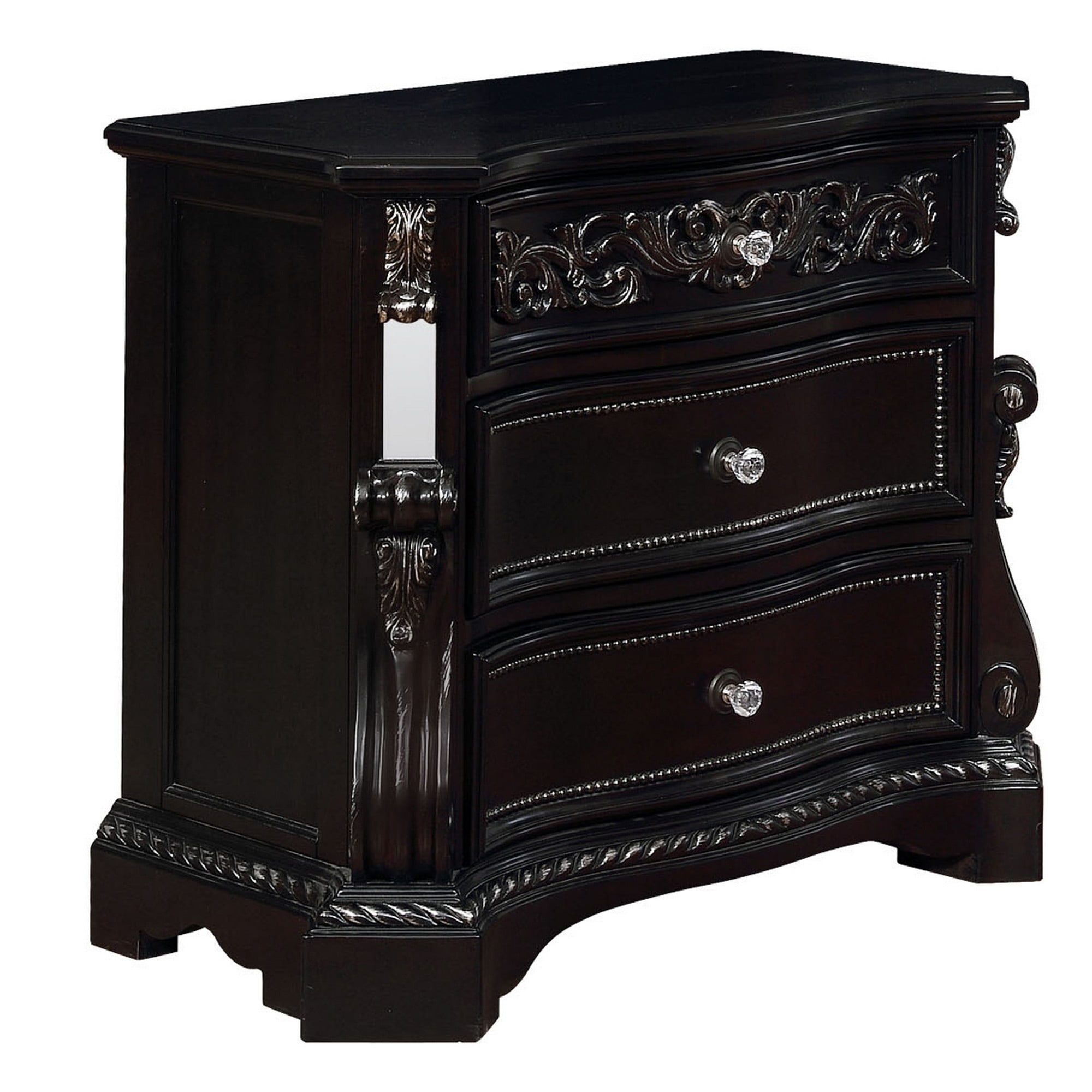 Wooden Three Drawer Nightstand with Carved Detail and Mirror Accents