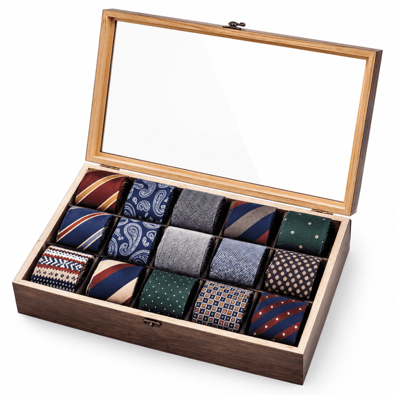Wooden Tie Display Case with Glass Lid, 15 Compartments for Men