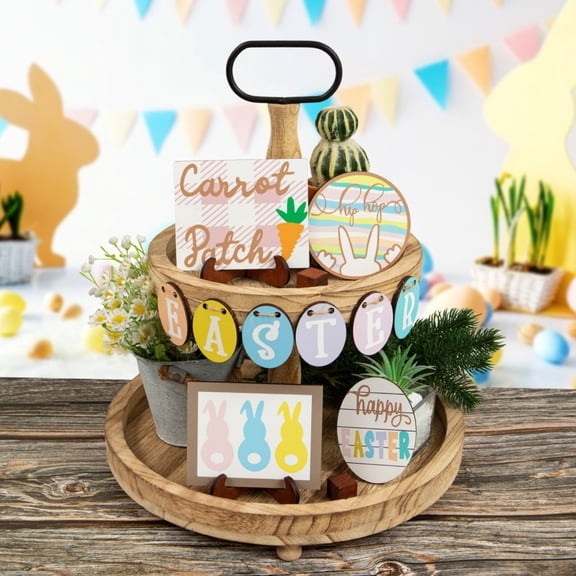 Wooden Tiered Tray Centerpiece with Bunny and Eggs, Spring Home Art Display Stand for Kitchen Counter, Easter Decorations Buffet Table Supplies Decor Item